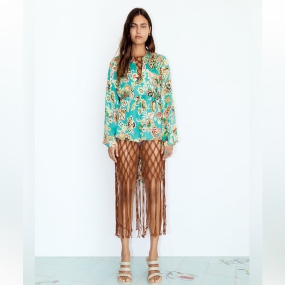 ZARA Boho Floral Kimono Oversized Blouse Top Robe Shirt Turquoise Tie Up Bow XL - Picture 1 of 16